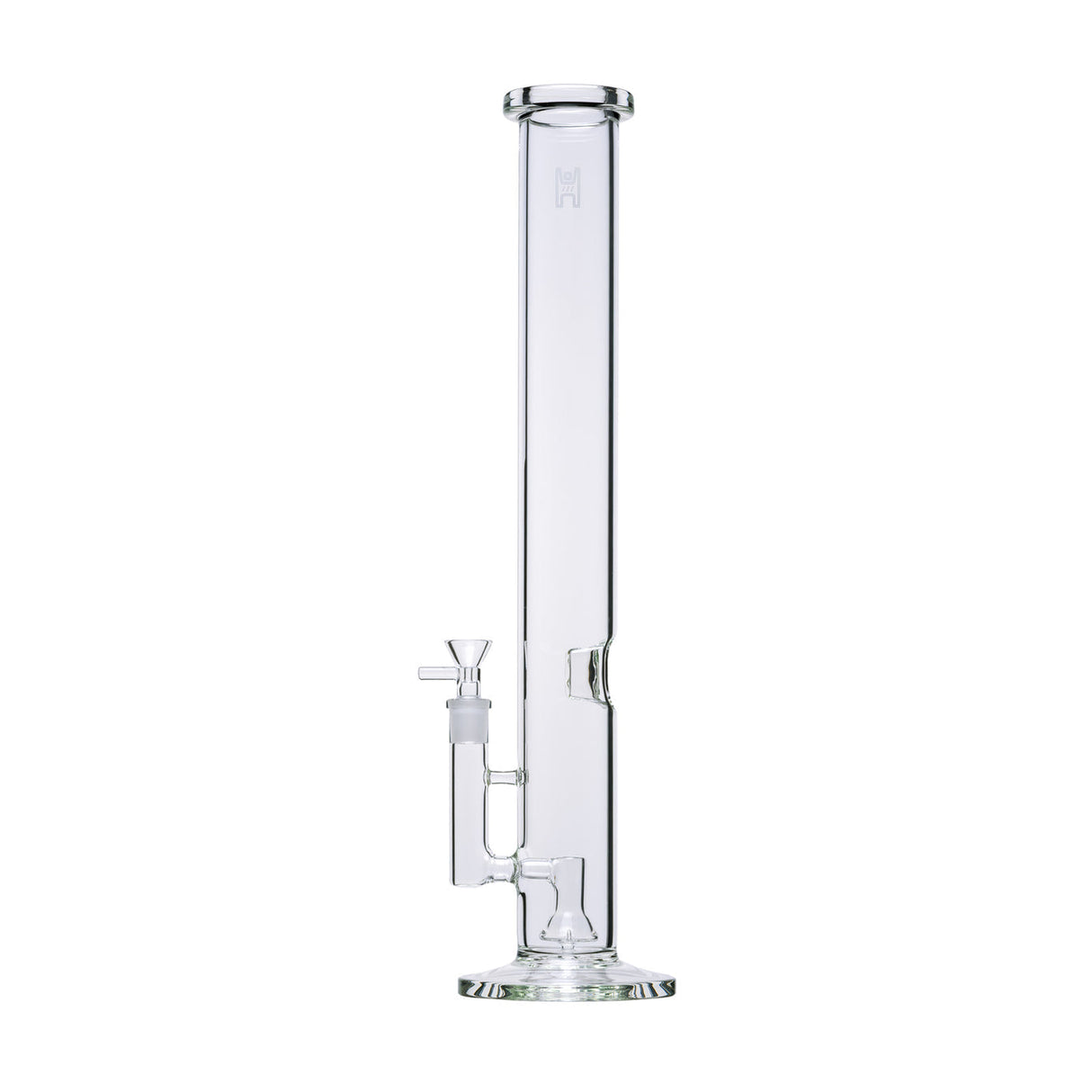 18 Tube - Clear: A straight-tube glass water pipe with removable downstem, shower percolator, and ice catch, crafted from durable borosilicate glass for smooth draws.