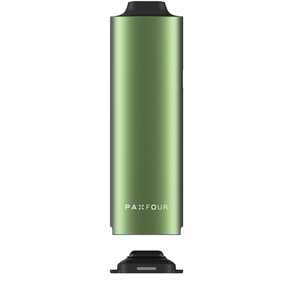 PAX FOUR battery module with magnetic charging base for PAX vaporizer, showcasing its compact design and advanced features for enhanced vapor production.