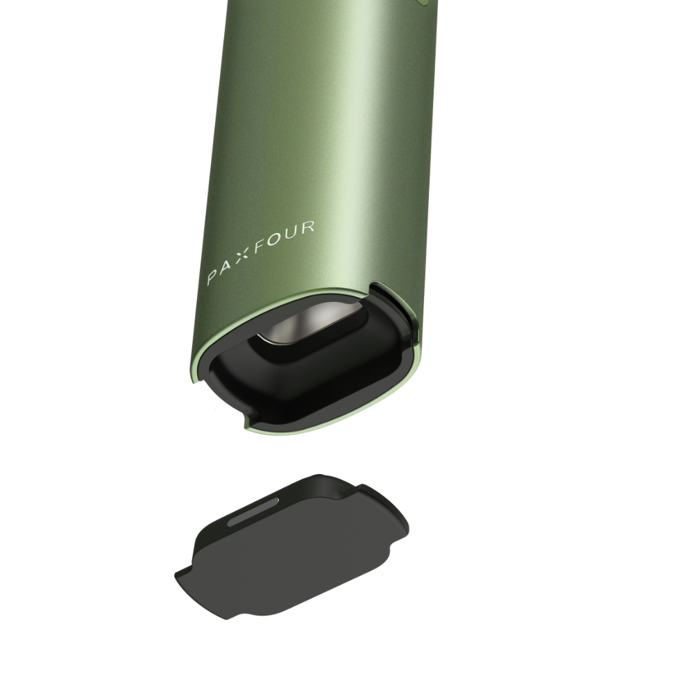 PAX FOUR portable vaporizer, bottom view showing detachable mouthpiece and exposed heating chamber, highlighting its powerful performance and precision vapor capabilities.