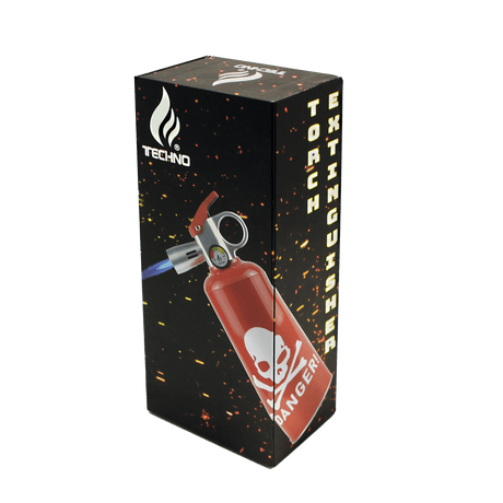 Danger – 8.5 Fire Extinguisher Torch: Handheld red cylinder, trigger handle, pressure gauge, blue flame nozzle, skull-and-crossbones graphic, Techno brand on gift box.