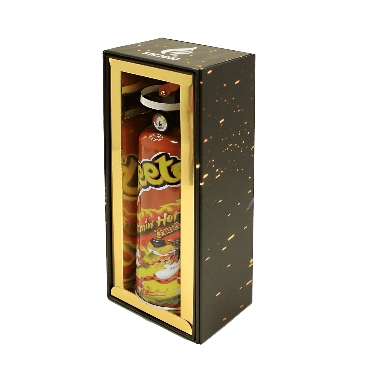 Cheetos – 8.5 Fire Extinguisher Torch: Novelty lighter resembling a fire extinguisher, featuring a mock pressure gauge, nozzle, and trigger ignition, in a gift-style box.