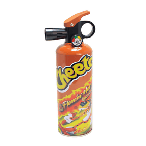 Cheetos – 8.5 Fire Extinguisher Torch, a handheld butane torch with Cheetos branding, featuring a trigger, nozzle, and mock pressure gauge.