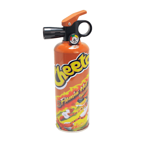 Cheetos – 8.5 Fire Extinguisher Torch, a handheld butane torch with Cheetos branding, featuring a trigger, nozzle, and mock pressure gauge.