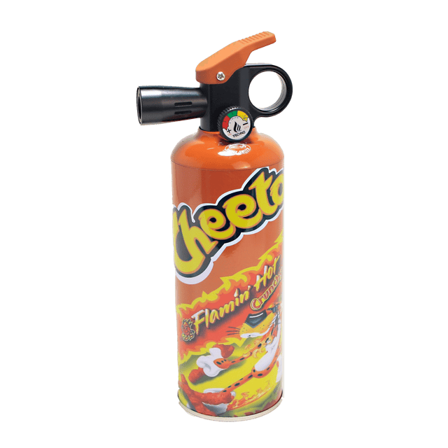 Cheetos – 8.5 Fire Extinguisher Torch, a handheld butane torch with Cheetos branding, featuring a trigger, nozzle, and mock pressure gauge.