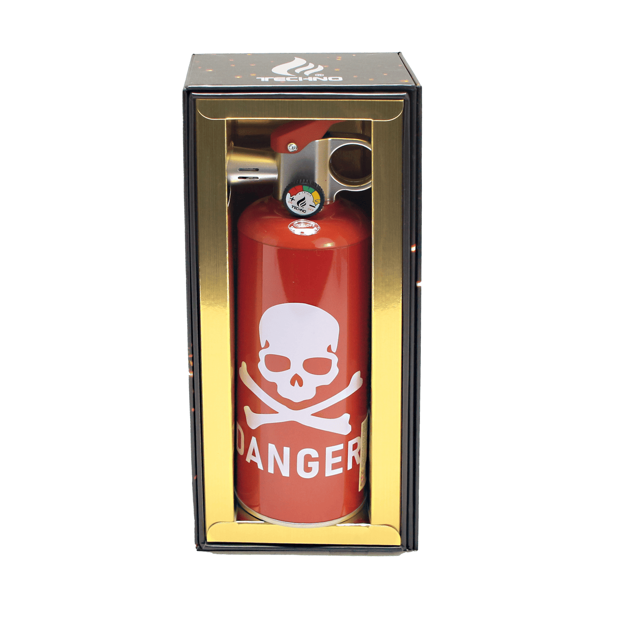Danger – 8.5 Fire Extinguisher Torch: A novelty lighter resembling a fire extinguisher, featuring a skull-and-crossbones, mock gauge, and torch head, in a gift box.