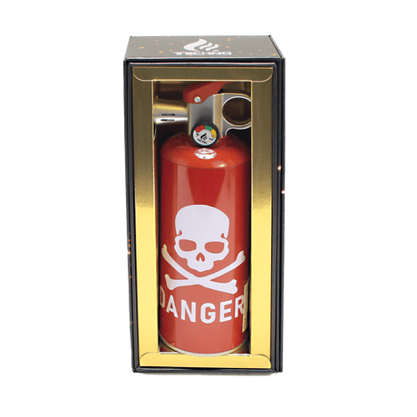 Danger – 8.5 Fire Extinguisher Torch: A novelty lighter resembling a fire extinguisher, featuring a skull-and-crossbones, mock gauge, and torch head, in a gift box.