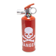 Danger – 8.5 Fire Extinguisher Torch featuring a red fuel cylinder with skull-and-crossbones warning, valve handle, pressure gauge, and torch nozzle.