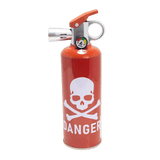 Danger – 8.5 Fire Extinguisher Torch featuring a red fuel cylinder with skull-and-crossbones warning, valve handle, pressure gauge, and torch nozzle.