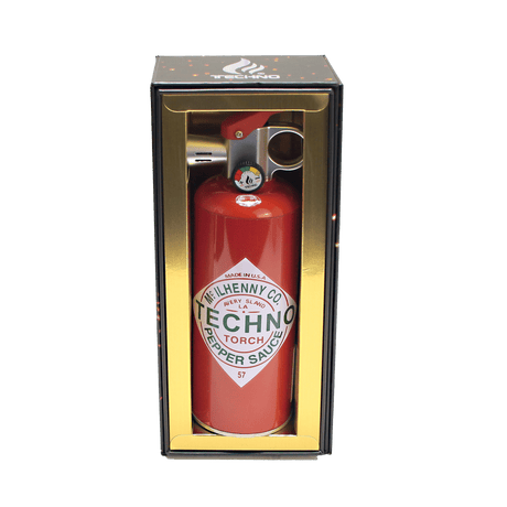 Tobasco Pepper – 8.5 Fire Extinguisher Torch styled like a red blowtorch, labeled “McIlhenny Co. Avery Island LA,” in a gold-trimmed display box.