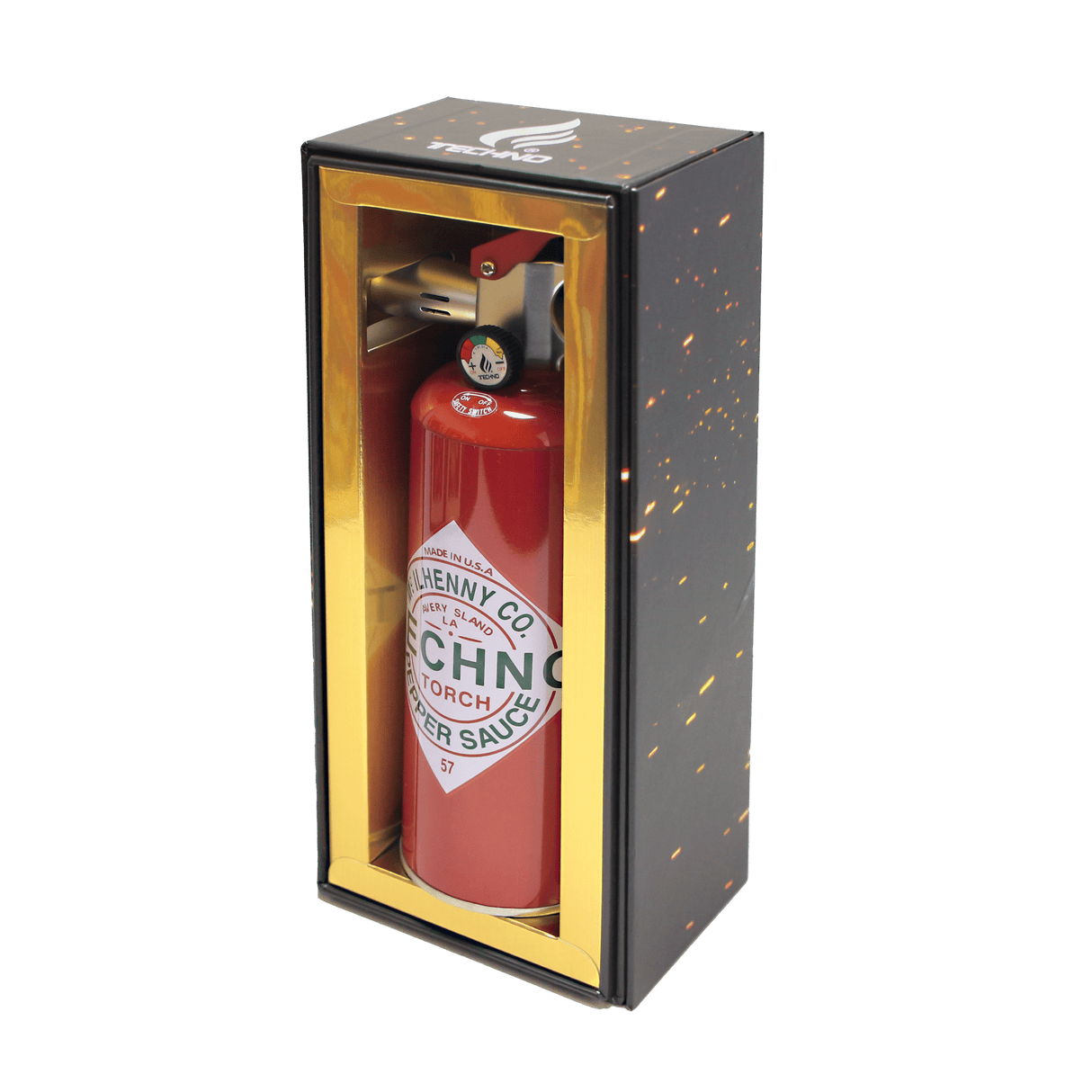 Tobasco Pepper – 8.5 Fire Extinguisher Torch, styled as a mini extinguisher with a gauge, in a black-and-gold box, perfect for display and use.