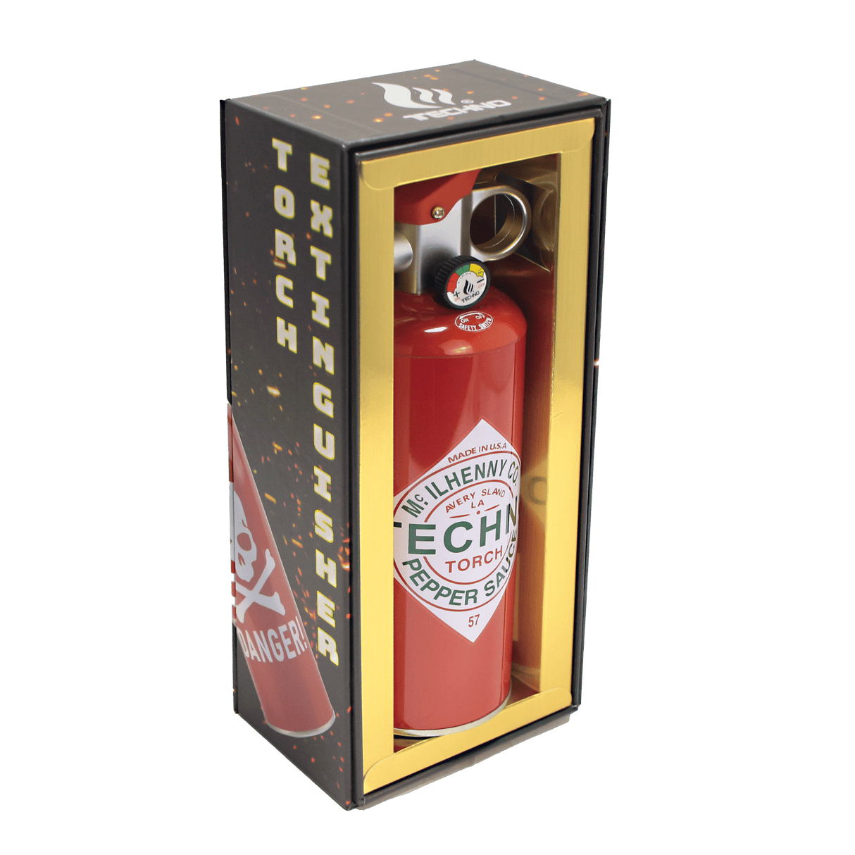 Tobasco Pepper – 8.5 Fire Extinguisher Torch: A red, extinguisher-style lighter with a pressure gauge and nozzle, in a black and gold Techno gift box.