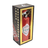 Tobasco Pepper – 8.5 Fire Extinguisher Torch: A red, extinguisher-style lighter with a pressure gauge and nozzle, in a black and gold Techno gift box.