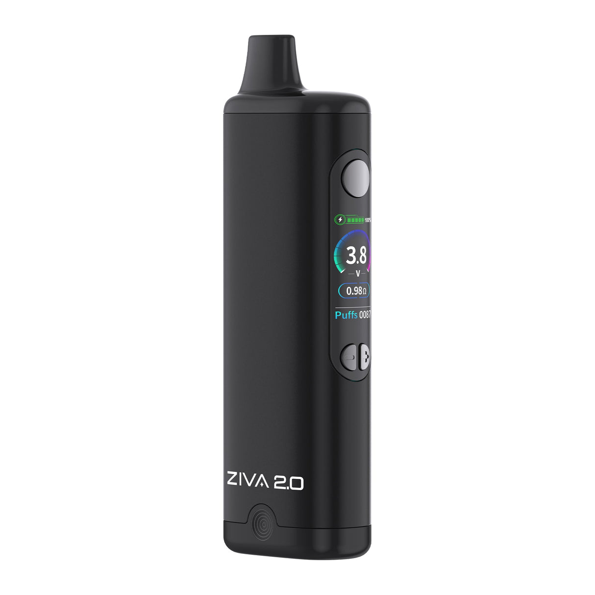 Ziva 2.0 510 Battery: A matte-black, pen-style vaporizer with a TFT display showing settings, featuring a fire button and adjustable controls.