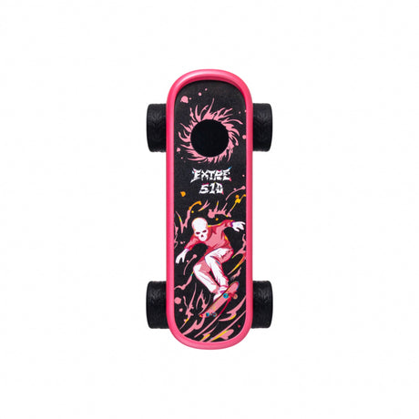 Playdeck Skateboard 510 Battery, a bright pink hoverboard with black grip tape, features chunky black wheels and a splattered skull/skater graphic design.