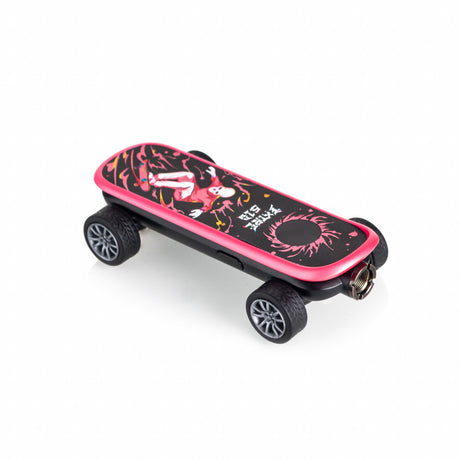 Electric mini-skateboard with pink-trimmed deck, graphic print, four rubber tires, and rear charging port, showcasing the Playdeck Skateboard 510 Battery's compact design and functionality.