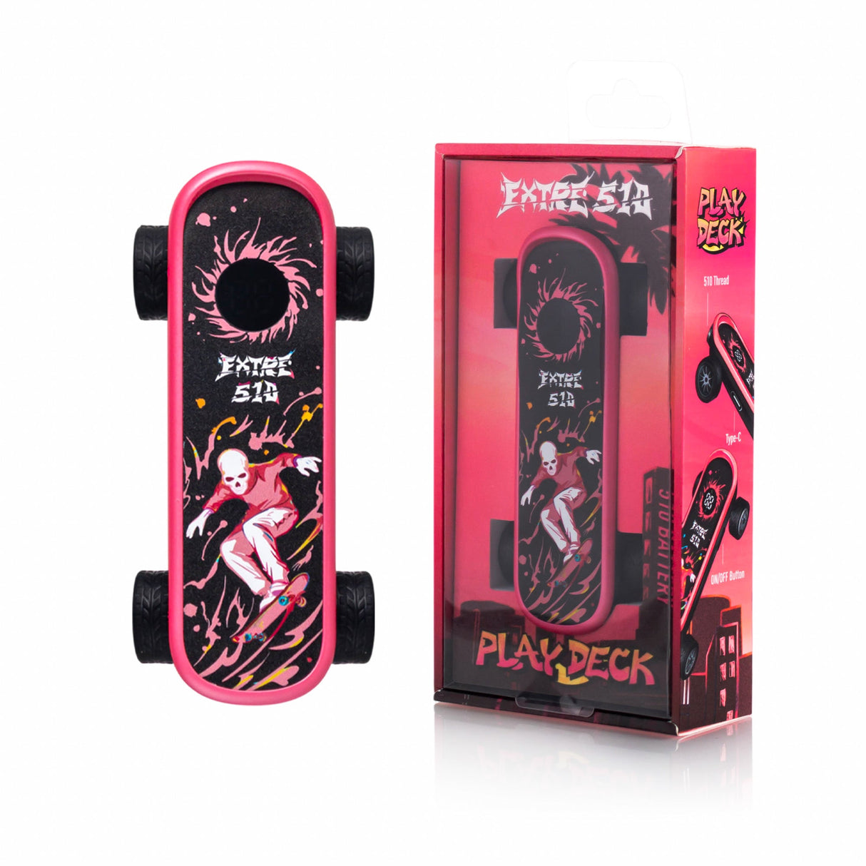 Playdeck Skateboard 510 Battery, neon-pink, shaped like a longboard, with skeleton skateboarder graphics, beside its retail package, featuring Extreme 5.14 and PlayDeck logos.