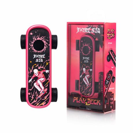 Playdeck Skateboard 510 Battery, neon-pink, shaped like a longboard, with skeleton skateboarder graphics, beside its retail package, featuring Extreme 5.14 and PlayDeck logos.