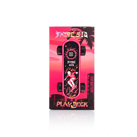 Packaging for the Playdeck Skateboard 510 Battery, featuring chunky wheels, graffiti-style graphics, and “Extreme 510” with a digital “88” readout on the box art.