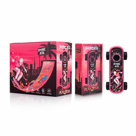 Playdeck Skateboard 510 Battery with bold skatepark graphics, featuring a mini-skateboard design, circular display, and wheel-like end-caps, showcased with vibrant branded packaging.