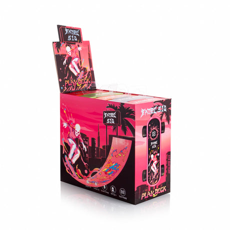 Bright pink box with neon graphics of a skull-faced skateboarder, labeled “PLAYDECK” and “510 BATTERY,” highlighting USB-C charging and variable voltage features.