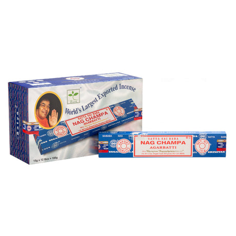 Satya Sai Baba Nag Champa Incense package, showcasing 12 blue-and-white boxes with red labels, offers a calming aroma for relaxation and meditation.