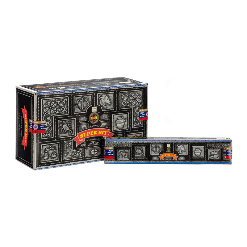Nag Champa Super Hit Incense boxes with black-and-silver design, featuring a red “Super Hit” banner; includes standard and larger gift pack sizes.