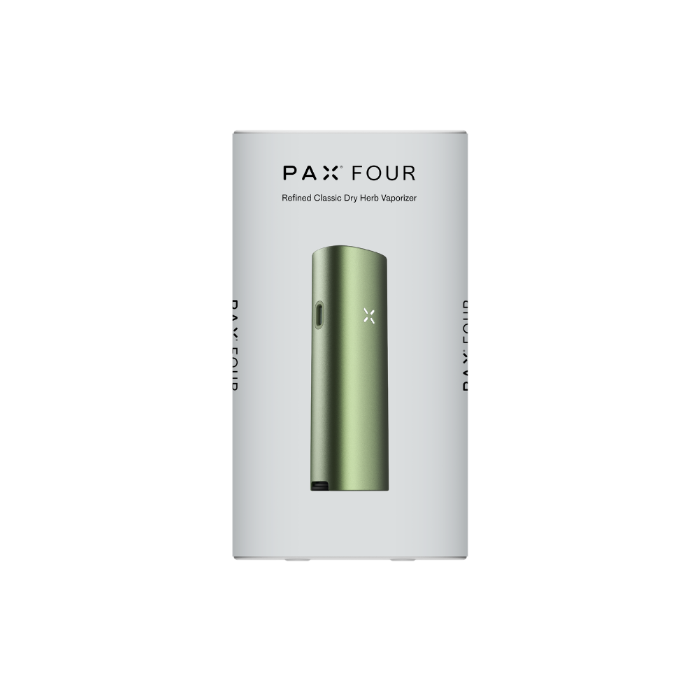 PAX FOUR packaging displays the metallic-green vaporizer with illuminated “X” logo, emphasizing its powerful performance and refined design for dry herb vaporizing.
