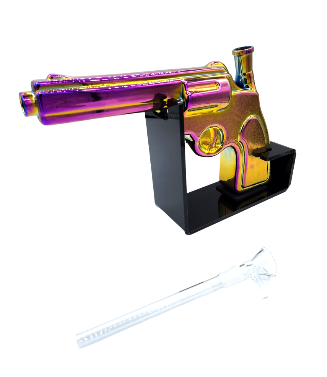 Pistol Glass Gun - Rainbow: Iridescent handgun-shaped water pipe on black stand, includes matching clear glass downstem and bowl, compact and stylish for display.
