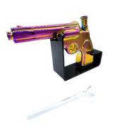 Pistol Glass Gun - Rainbow: Iridescent handgun-shaped water pipe on black stand, includes matching clear glass downstem and bowl, compact and stylish for display.