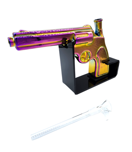 Pistol Glass Gun - Rainbow: Iridescent handgun-shaped water pipe on black stand, includes matching clear glass downstem and bowl, compact and stylish for display.