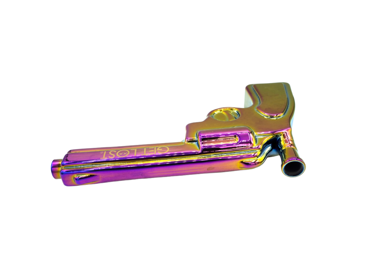 Pistol Glass Gun - Rainbow, a compact metallic novelty pipe shaped like a pistol with an iridescent finish, featuring a flip-open barrel for loading.