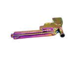 Pistol Glass Gun - Rainbow, a compact metallic novelty pipe shaped like a pistol with an iridescent finish, featuring a flip-open barrel for loading.