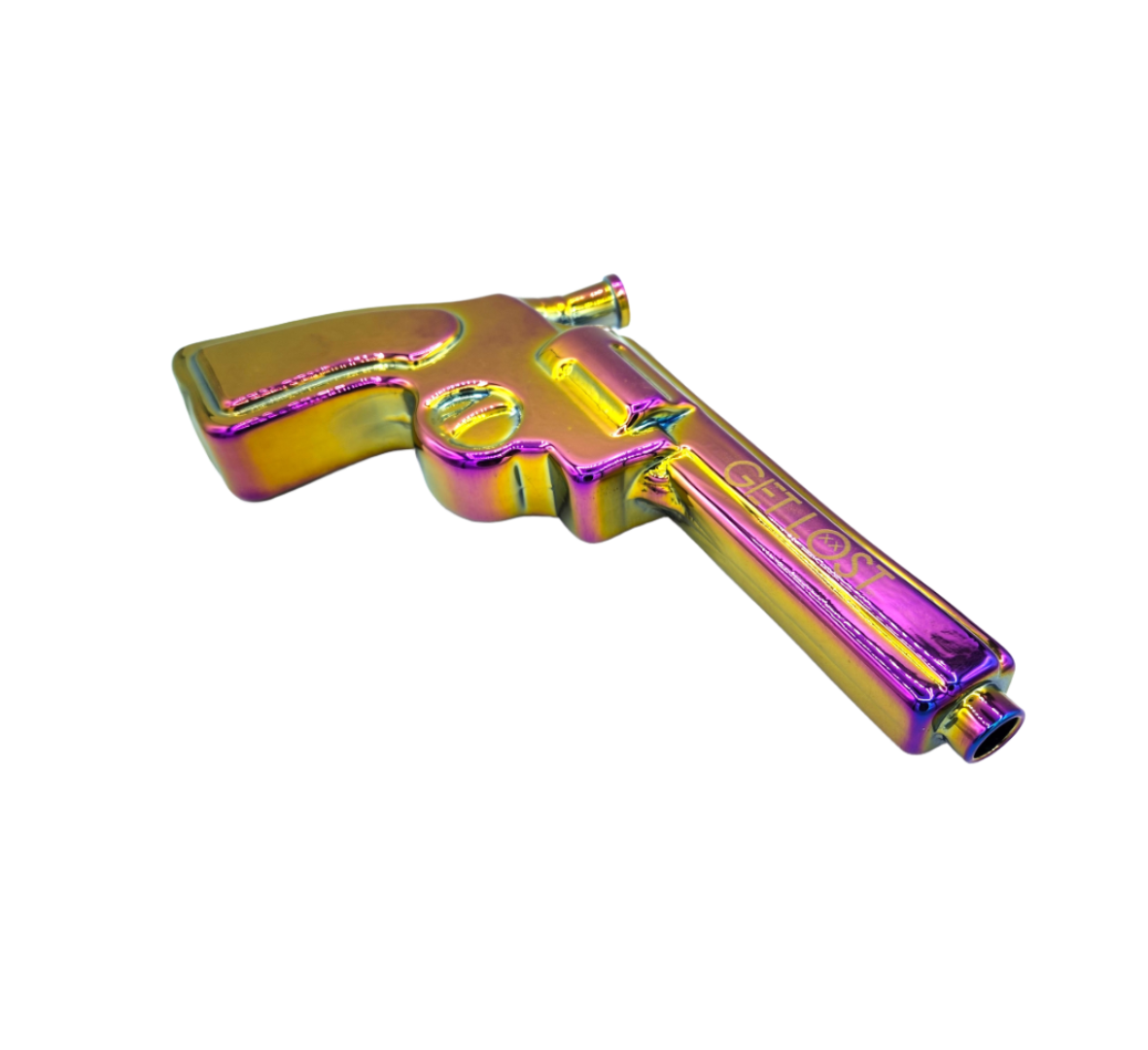 Pistol Glass Gun - Rainbow: Iridescent novelty water pipe resembling a Magnum revolver, featuring a rainbow finish, glass downstem, and bowl, plus a flat-bottom display rack.