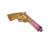 Pistol Glass Gun - Rainbow: Iridescent novelty water pipe resembling a Magnum revolver, featuring a rainbow finish, glass downstem, and bowl, plus a flat-bottom display rack.