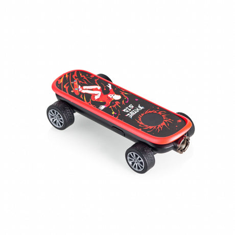 Playdeck Skateboard 510 Battery with red-and-black deck, stylized skeleton design, four wheels, and visible charging port, highlighting its compact, portable electric skateboard design.