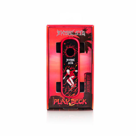 Playdeck Skateboard 510 Battery in red packaging with graffiti art, featuring a flaming wheel and skeleton skateboarder, labeled 510 BATTERY for vape use.