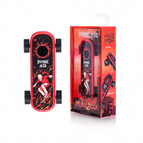 Playdeck Skateboard 510 Battery, a vape mod designed as a mini skateboard with flaming skull graphics, features tech specs and 510-thread compatibility on packaging.