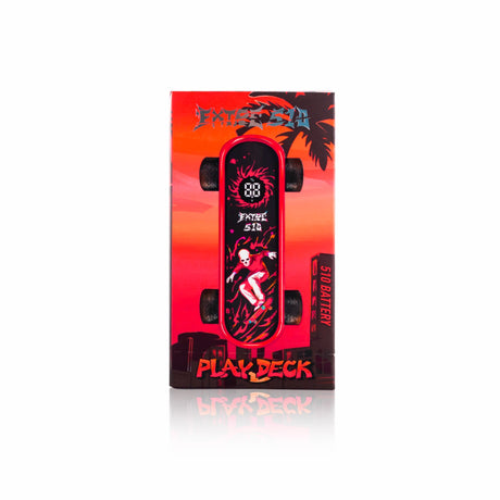 Playdeck Skateboard 510 Battery packaging shows overhead board view, graffiti-style skateboarder, and logos, highlighting compact, portable design with digital display and finger-flick mechanism.