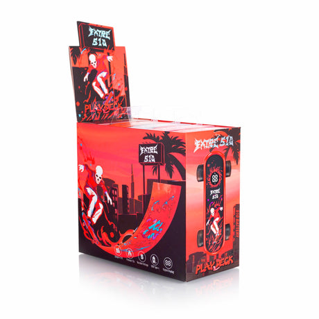 Playdeck Skateboard 510 Battery box with skeleton skateboarding graphic, displaying features like 510 adapter, preheat, variable voltage, USB-C charging, and digital display.