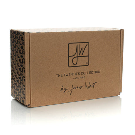 The image shows a brown cardboard box labeled The Twenties Collection – Hand Pipe by Jane West, packaging a 5.5 premium borosilicate glass hand pipe.