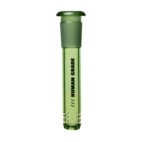 Green-tinted glass downstem with built-in diffuser slits, stamped HUMAN GRADE, fits 14mm female joints for water pipes.