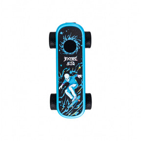 Skateboard with blue deck and black grip-tape, featuring a skull/skater graphic. The Playdeck Skateboard 510 Battery offers portable design and adjustable voltage control.