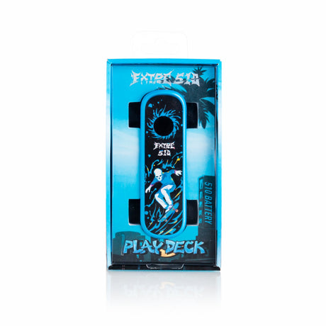 Playdeck Skateboard 510 Battery box showing a slim, skateboard-themed vape device with USB-C charging, adjustable voltage, and finger-flick mechanism for easy use.