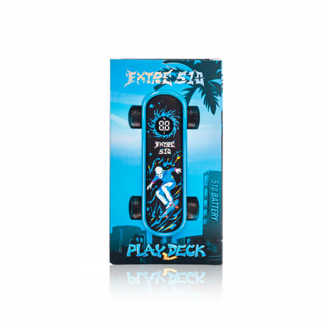 Front of the Playdeck Skateboard 510 Battery box, featuring a mini-skateboard-shaped Bluetooth speaker with graffiti-style branding and skeleton graphic, highlighting its digital battery readout.