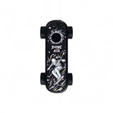 Top-down view of the Playdeck Skateboard 510 Battery, featuring a grip-tape deck with skeleton/skater graphic, visible wheels, and trucks, emphasizing its compact, portable design.