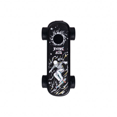 Top-down view of the Playdeck Skateboard 510 Battery, featuring a grip-tape deck with skeleton/skater graphic, visible wheels, and trucks, emphasizing its compact, portable design.