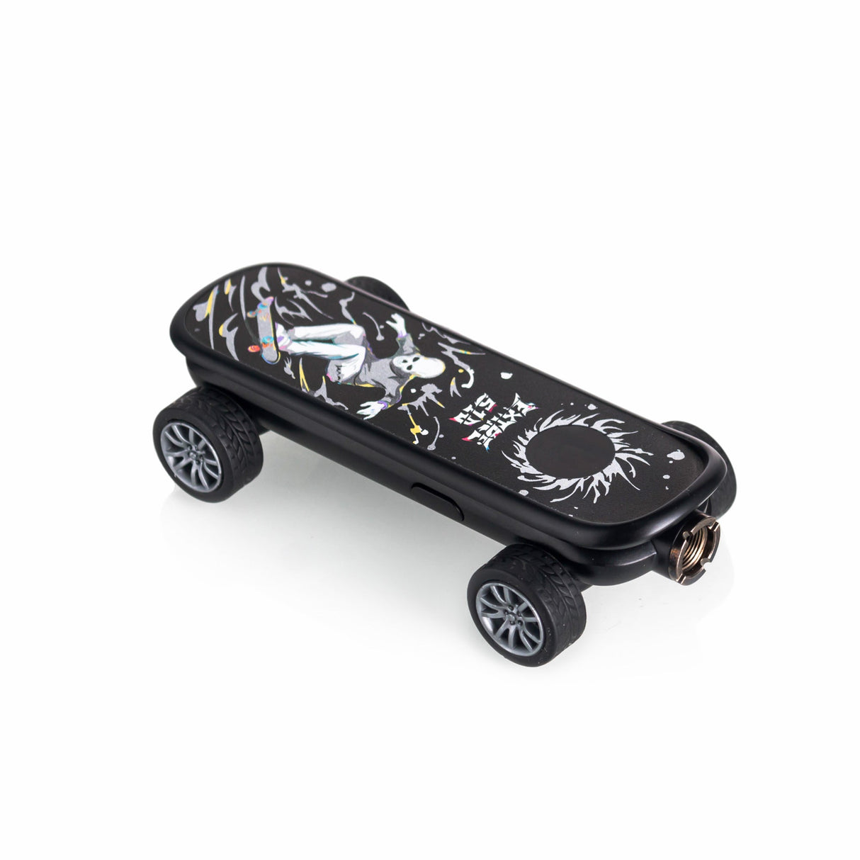 Compact Playdeck Skateboard 510 Battery with skeleton graphic, rubber wheels, and camera mount, designed for smooth low-angle shots, featuring adjustable voltage and USB-C charging.
