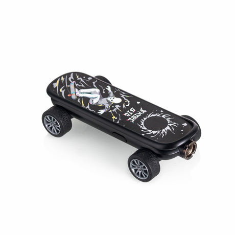 Compact Playdeck Skateboard 510 Battery with skeleton graphic, rubber wheels, and camera mount, designed for smooth low-angle shots, featuring adjustable voltage and USB-C charging.