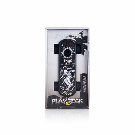 Playdeck Skateboard 510 Battery in packaging with skateboarder graphic, USB charging cable included. Compact, adjustable voltage, and pocket-friendly design for 510-thread cartridges.