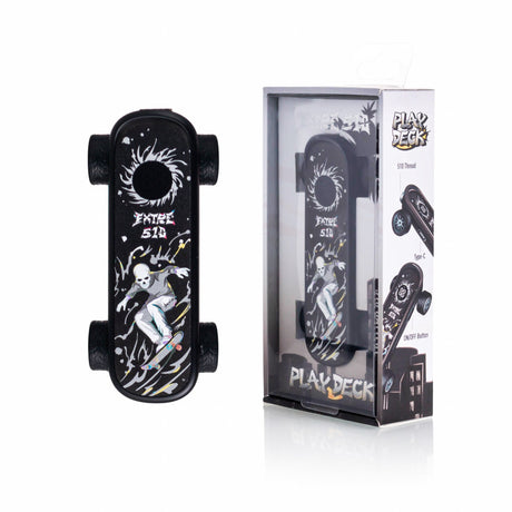 Playdeck Skateboard 510 Battery featuring a black skateboard design with graffiti graphics, four wheel-like caps, and branded retail box highlighting its features.